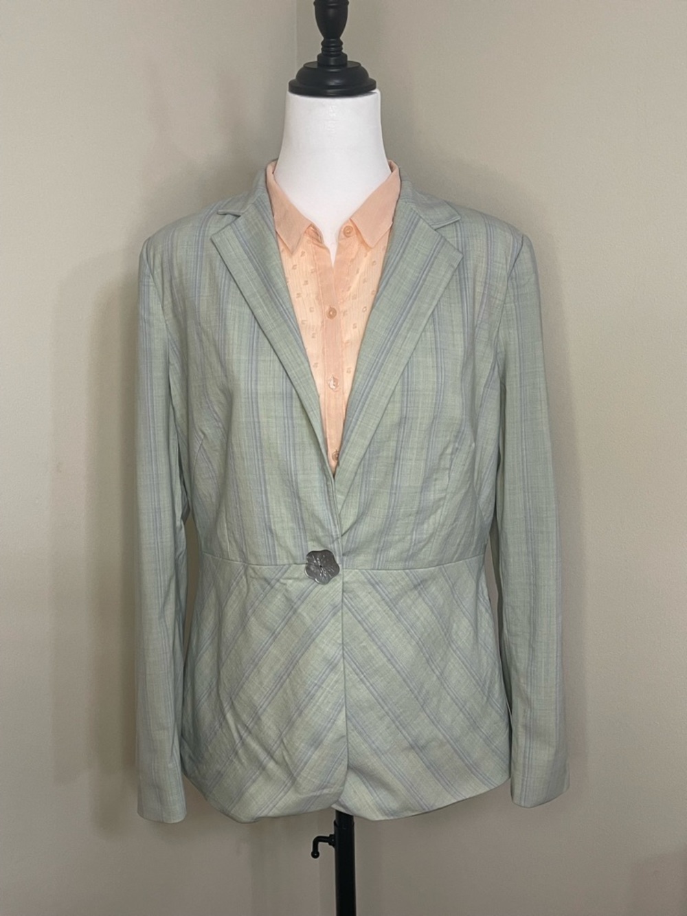 Aura Linen Cottagecore Floral Button Blazer Pastel Green Jacket Size 12